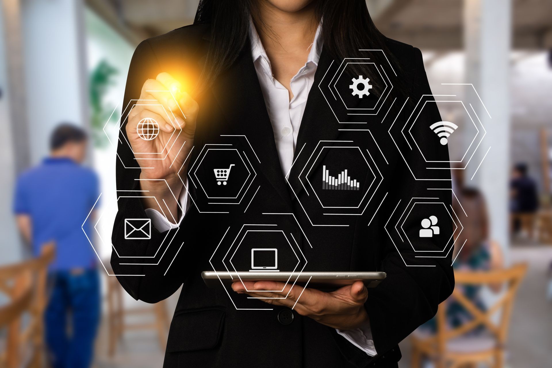 Digital marketing media  in virtual icon globe shape business open his hand, working touch screen tablet.